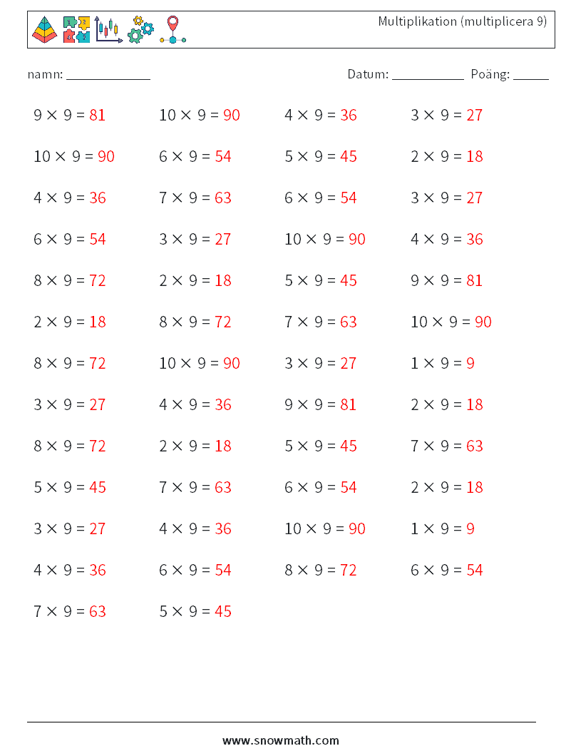 (50) Multiplikation (multiplicera 9) Matematiska arbetsblad 1 Fråga, svar