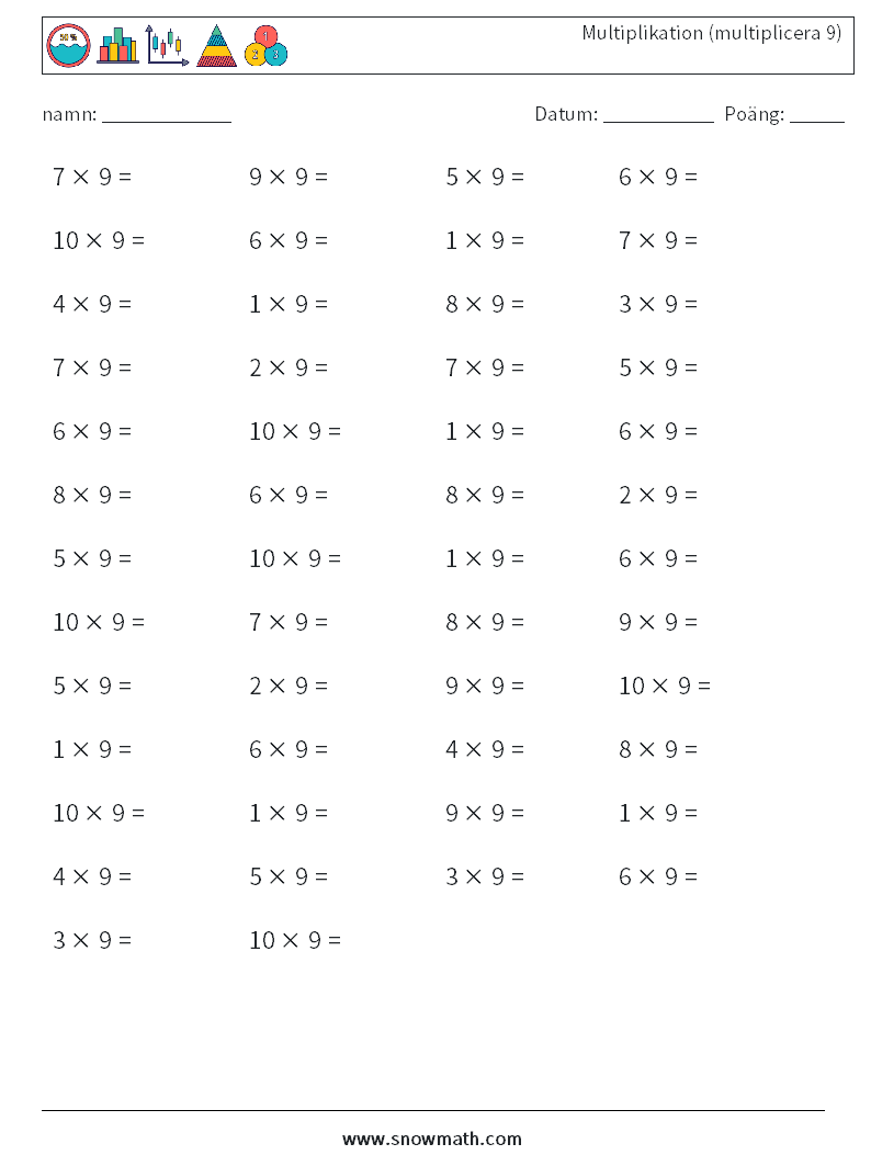 (50) Multiplikation (multiplicera 9) Matematiska arbetsblad 2