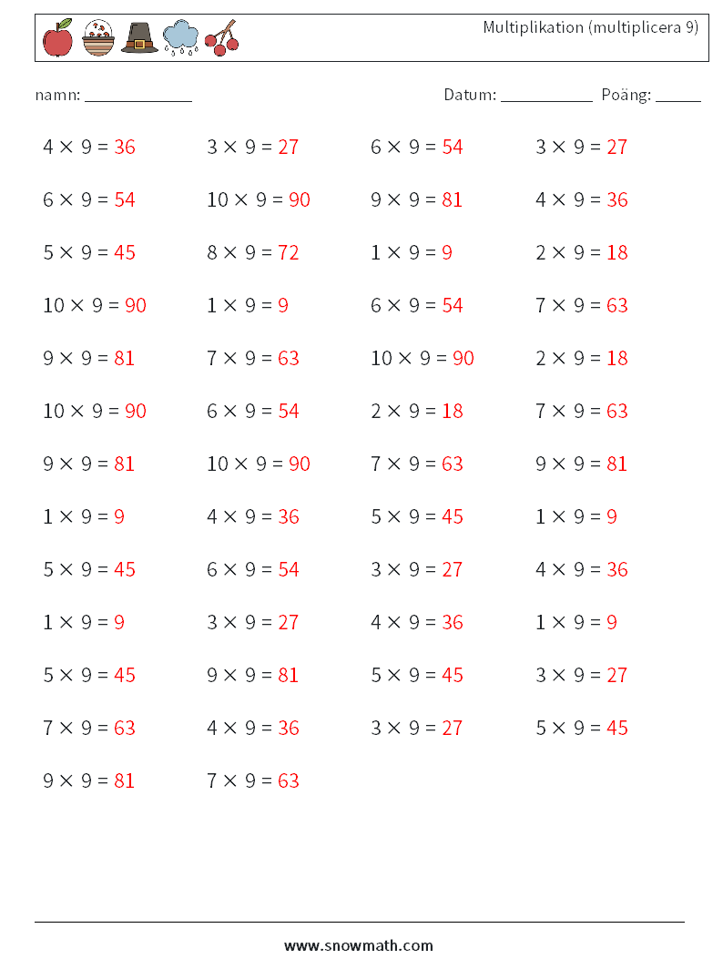 (50) Multiplikation (multiplicera 9) Matematiska arbetsblad 3 Fråga, svar