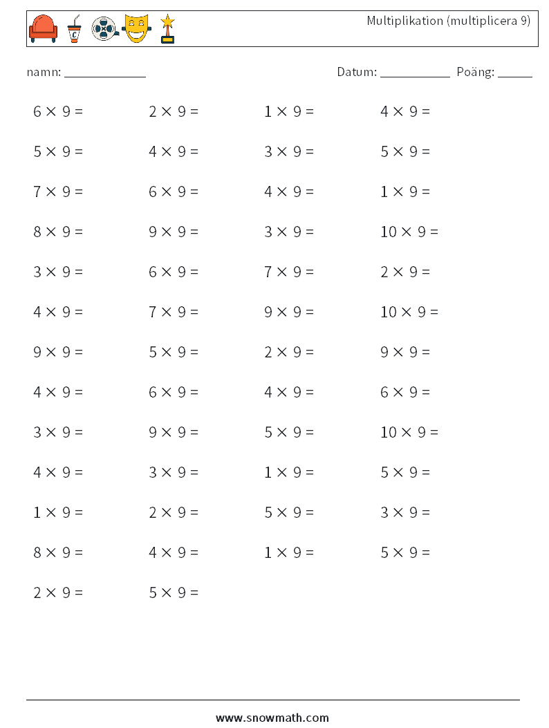 (50) Multiplikation (multiplicera 9) Matematiska arbetsblad 4