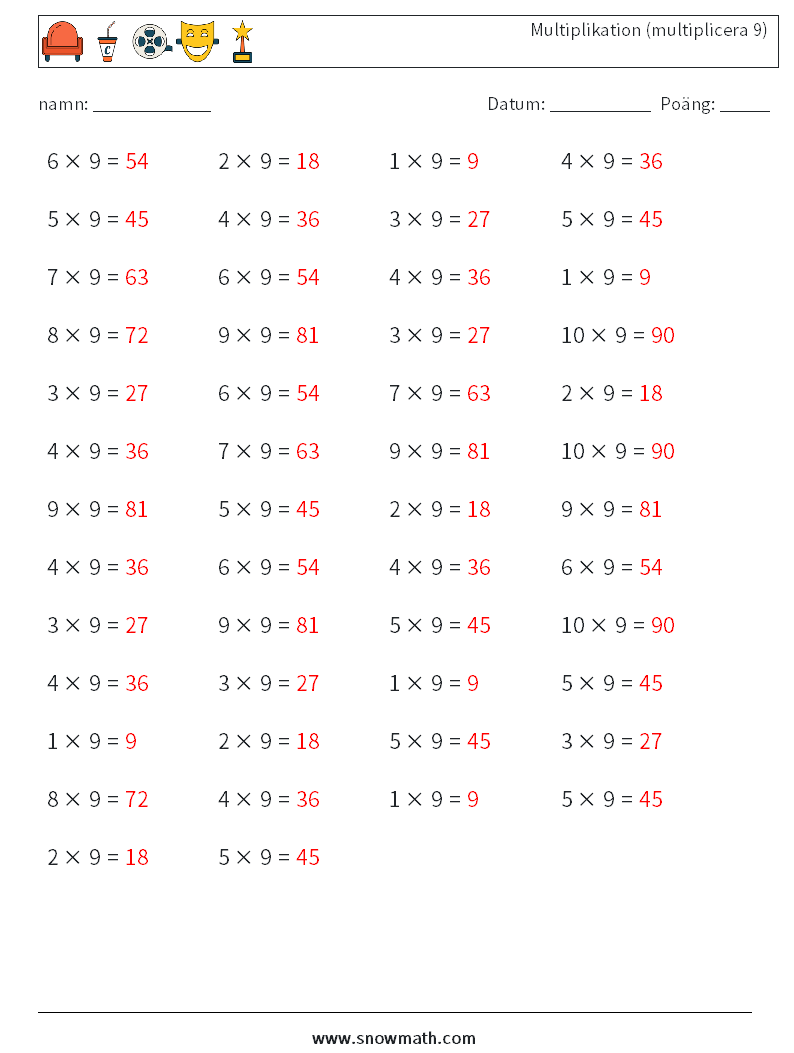 (50) Multiplikation (multiplicera 9) Matematiska arbetsblad 4 Fråga, svar