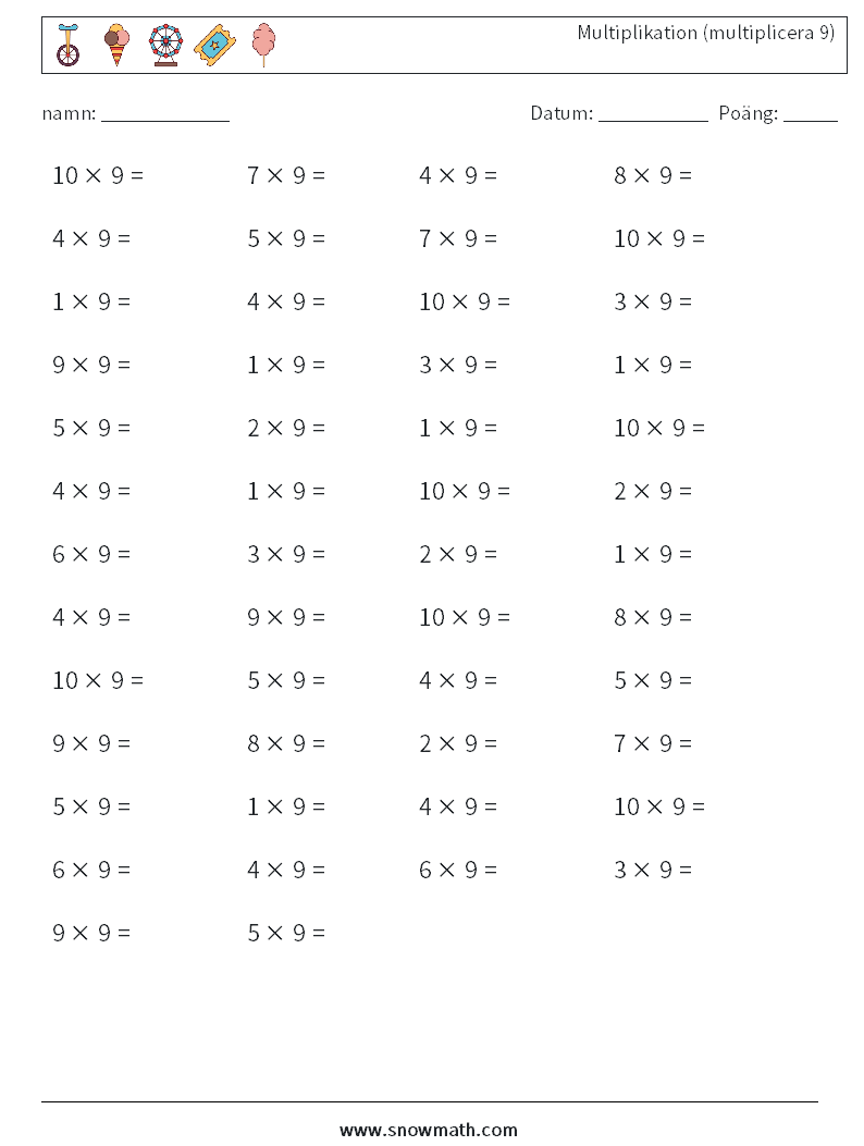 (50) Multiplikation (multiplicera 9) Matematiska arbetsblad 6