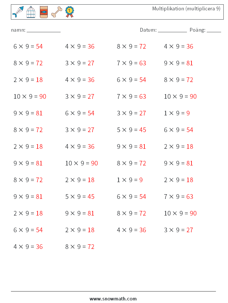 (50) Multiplikation (multiplicera 9) Matematiska arbetsblad 9 Fråga, svar