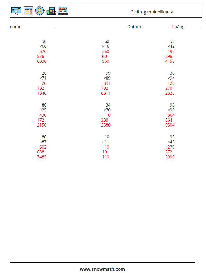 (12) 2-siffrig multiplikation Matematiska arbetsblad 15 Fråga, svar