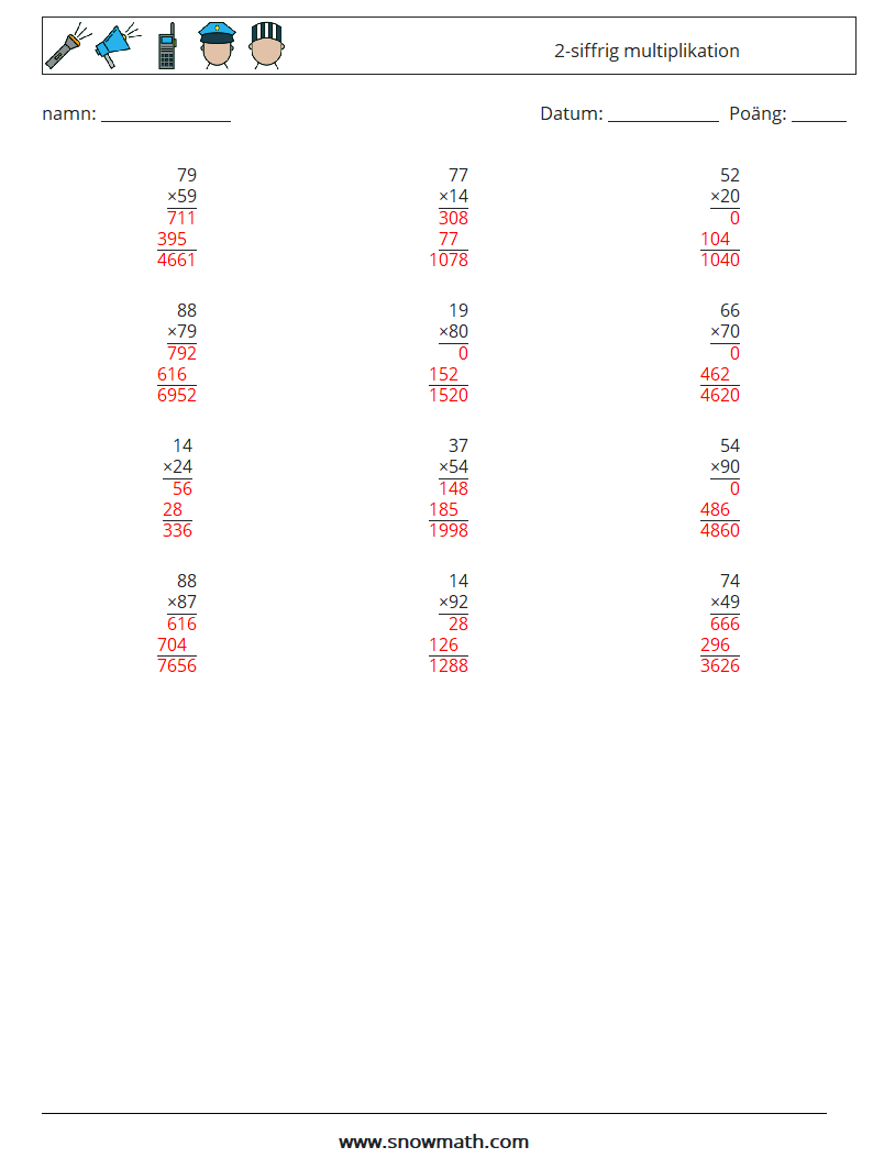 (12) 2-siffrig multiplikation Matematiska arbetsblad 17 Fråga, svar