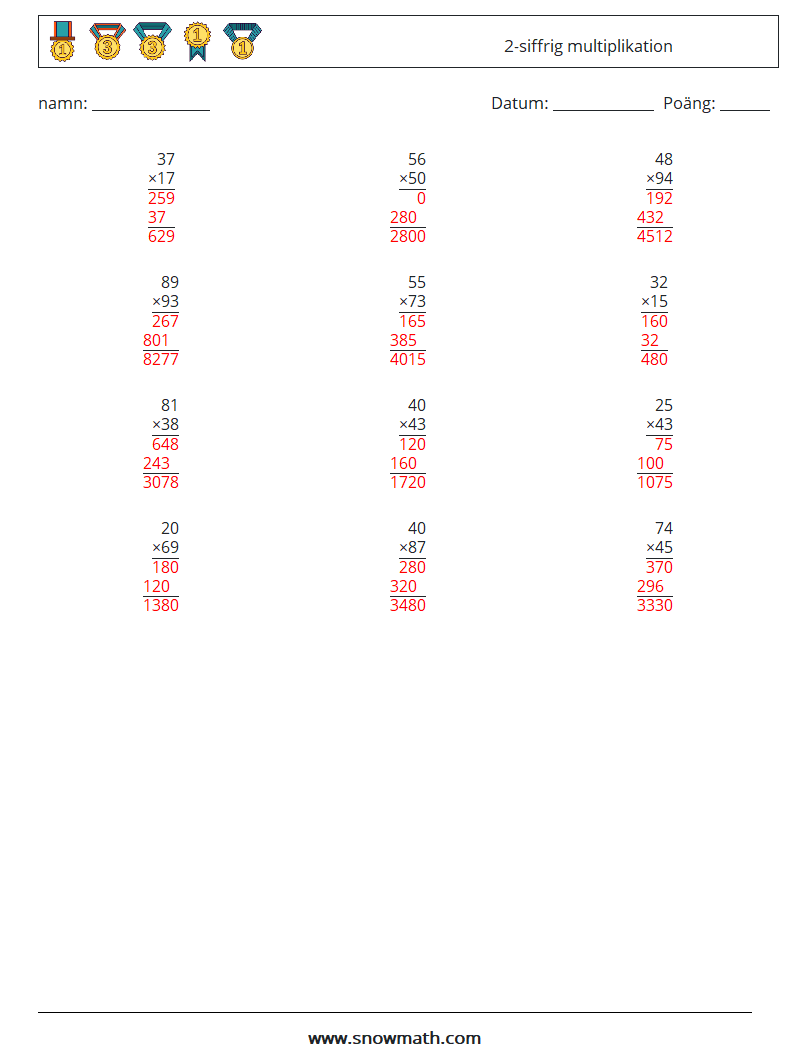 (12) 2-siffrig multiplikation Matematiska arbetsblad 18 Fråga, svar