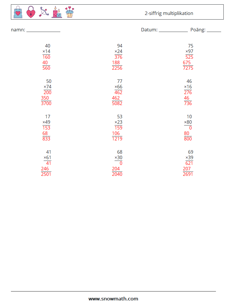 (12) 2-siffrig multiplikation Matematiska arbetsblad 1 Fråga, svar