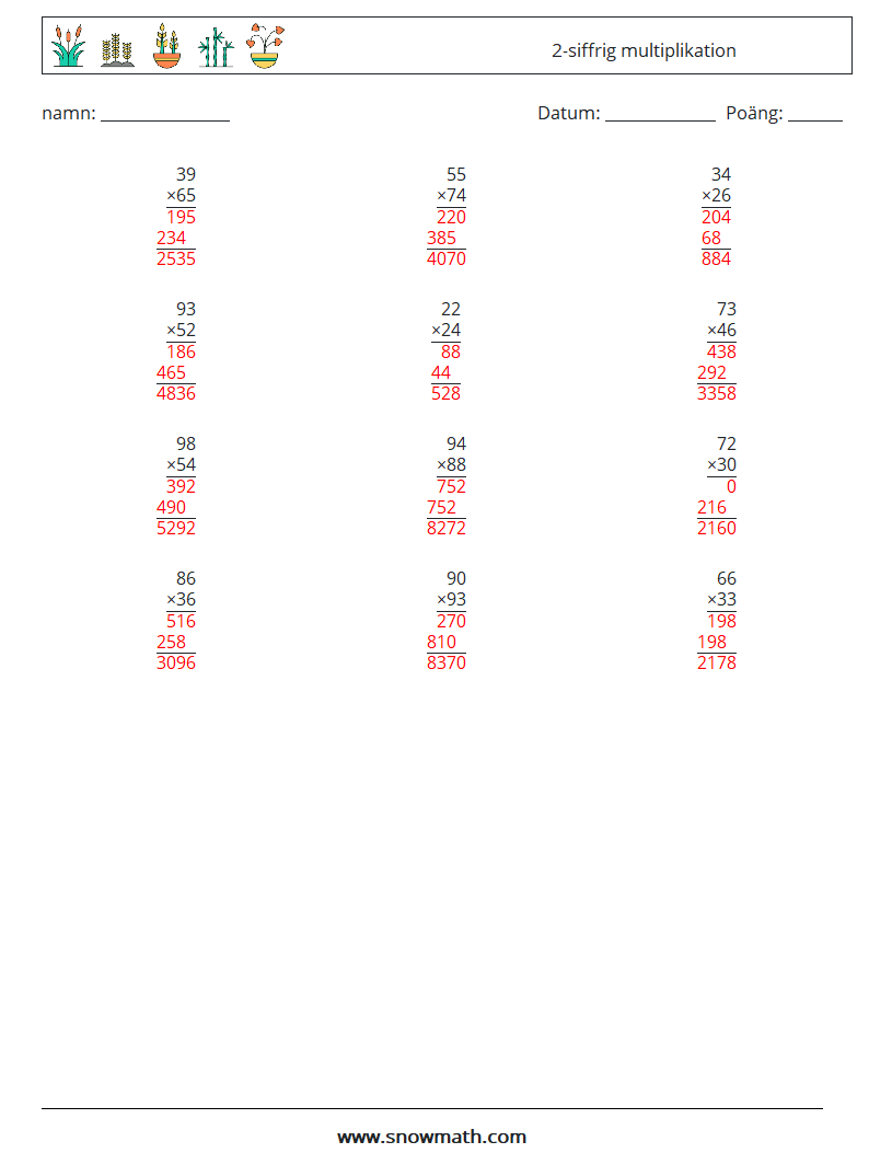 (12) 2-siffrig multiplikation Matematiska arbetsblad 3 Fråga, svar