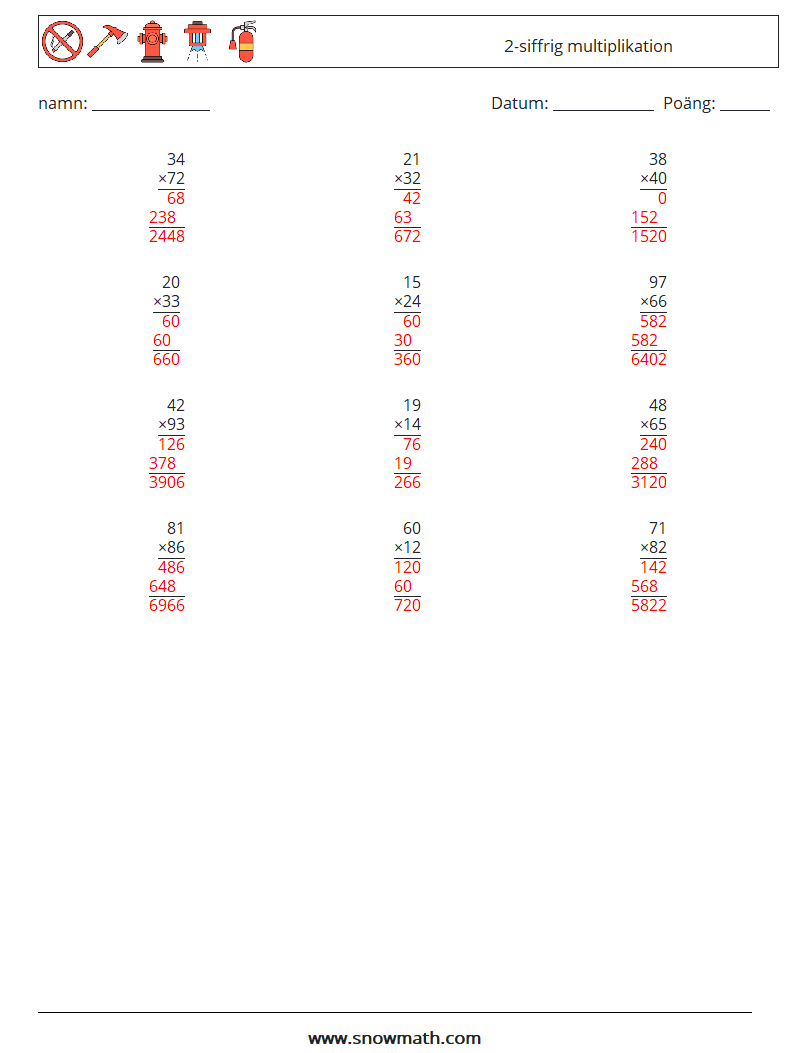 (12) 2-siffrig multiplikation Matematiska arbetsblad 4 Fråga, svar