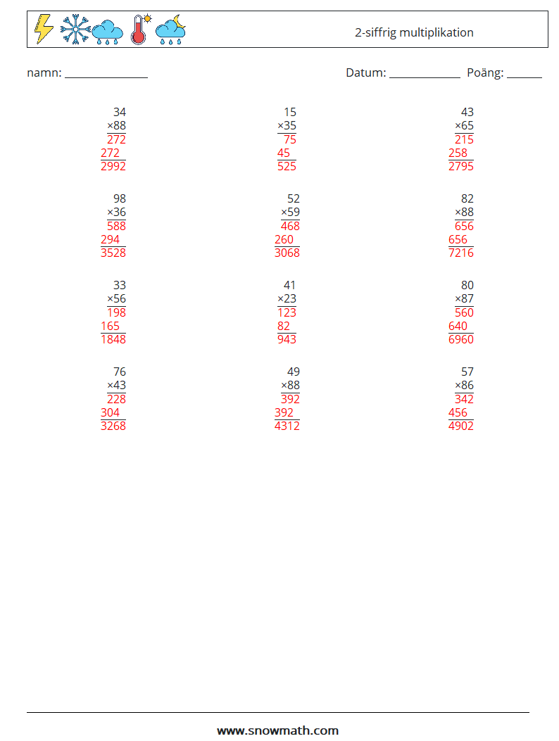 (12) 2-siffrig multiplikation Matematiska arbetsblad 5 Fråga, svar