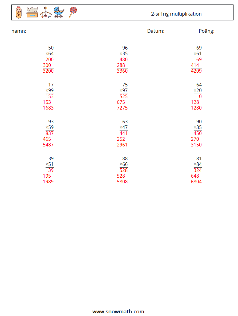 (12) 2-siffrig multiplikation Matematiska arbetsblad 7 Fråga, svar