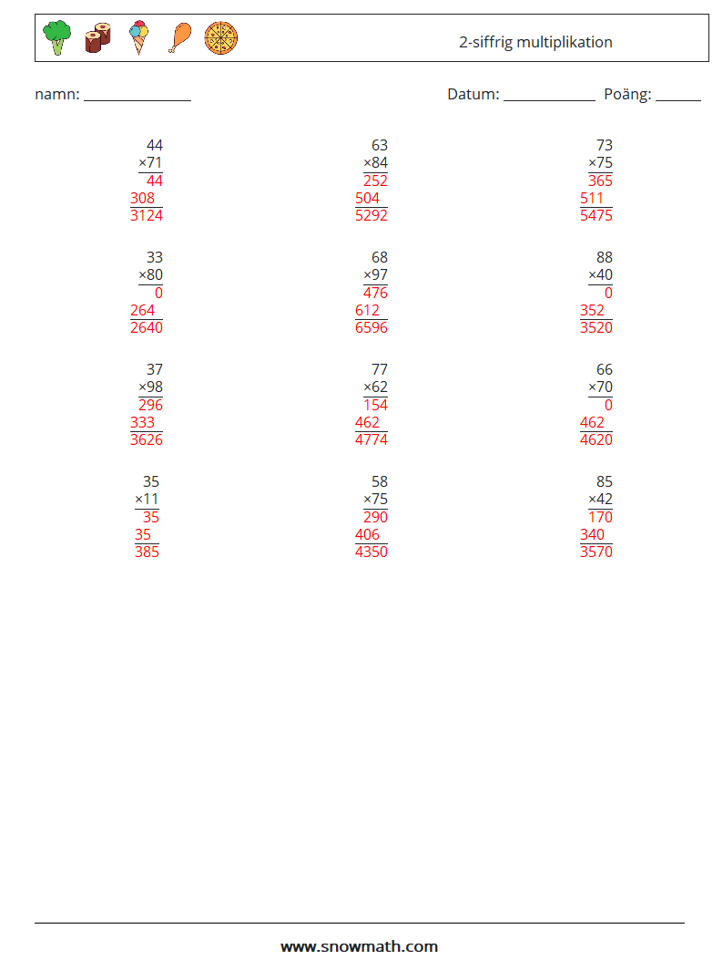 (12) 2-siffrig multiplikation Matematiska arbetsblad 8 Fråga, svar