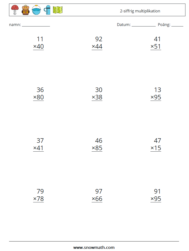 (12) 2-siffrig multiplikation Matematiska arbetsblad 9