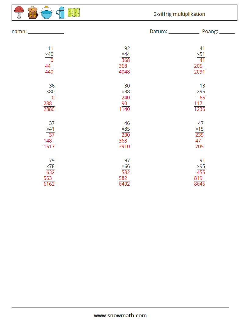 (12) 2-siffrig multiplikation Matematiska arbetsblad 9 Fråga, svar