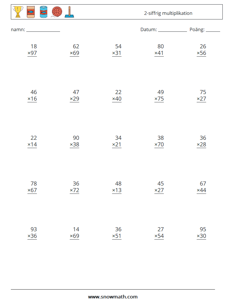 (25) 2-siffrig multiplikation Matematiska arbetsblad 10