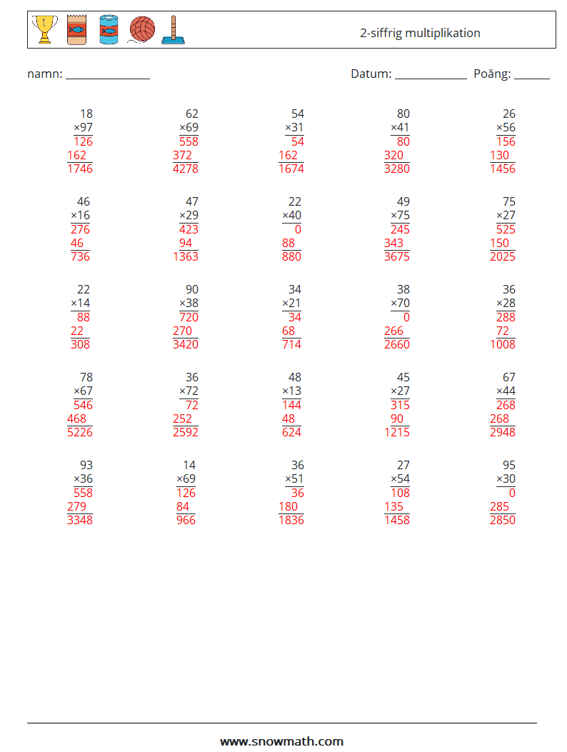 (25) 2-siffrig multiplikation Matematiska arbetsblad 10 Fråga, svar