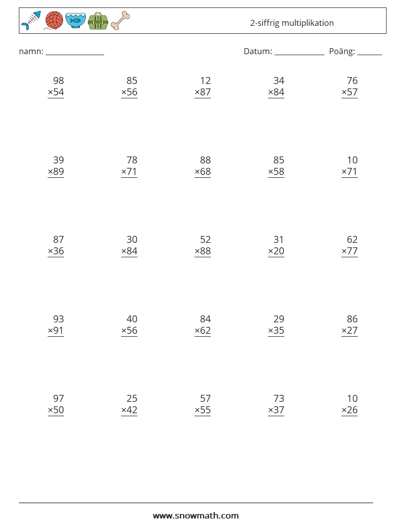 (25) 2-siffrig multiplikation Matematiska arbetsblad 11