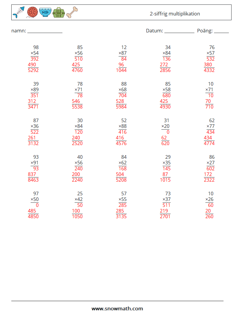 (25) 2-siffrig multiplikation Matematiska arbetsblad 11 Fråga, svar