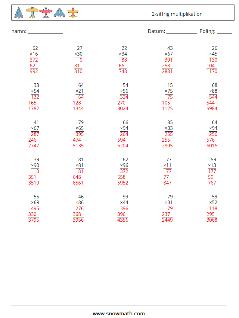 (25) 2-siffrig multiplikation Matematiska arbetsblad 12 Fråga, svar