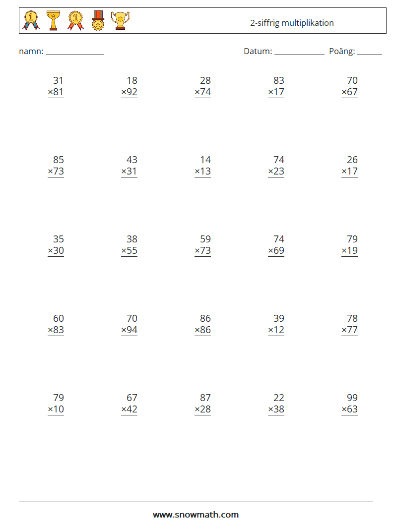 (25) 2-siffrig multiplikation Matematiska arbetsblad 13