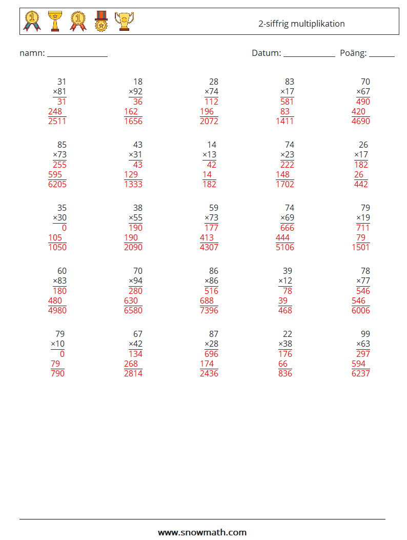 (25) 2-siffrig multiplikation Matematiska arbetsblad 13 Fråga, svar