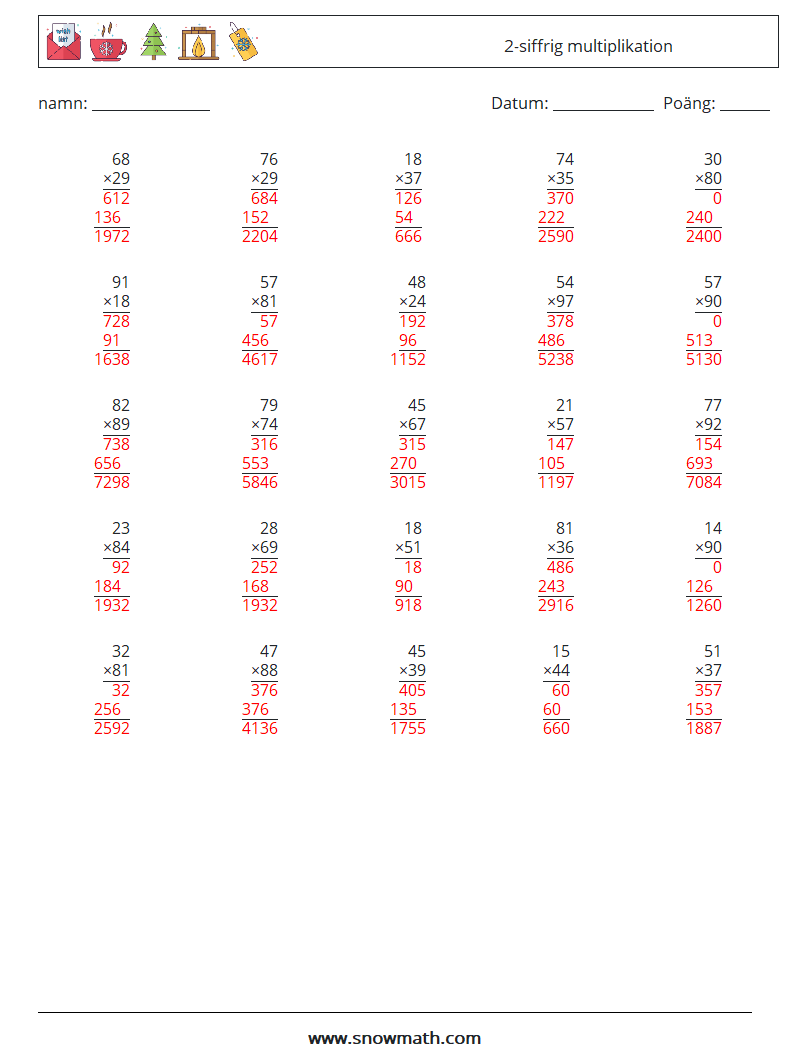 (25) 2-siffrig multiplikation Matematiska arbetsblad 14 Fråga, svar