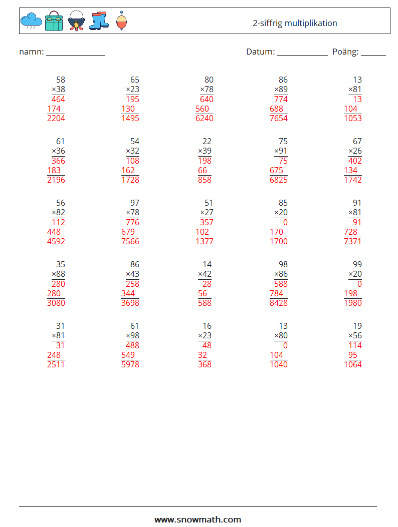 (25) 2-siffrig multiplikation Matematiska arbetsblad 15 Fråga, svar