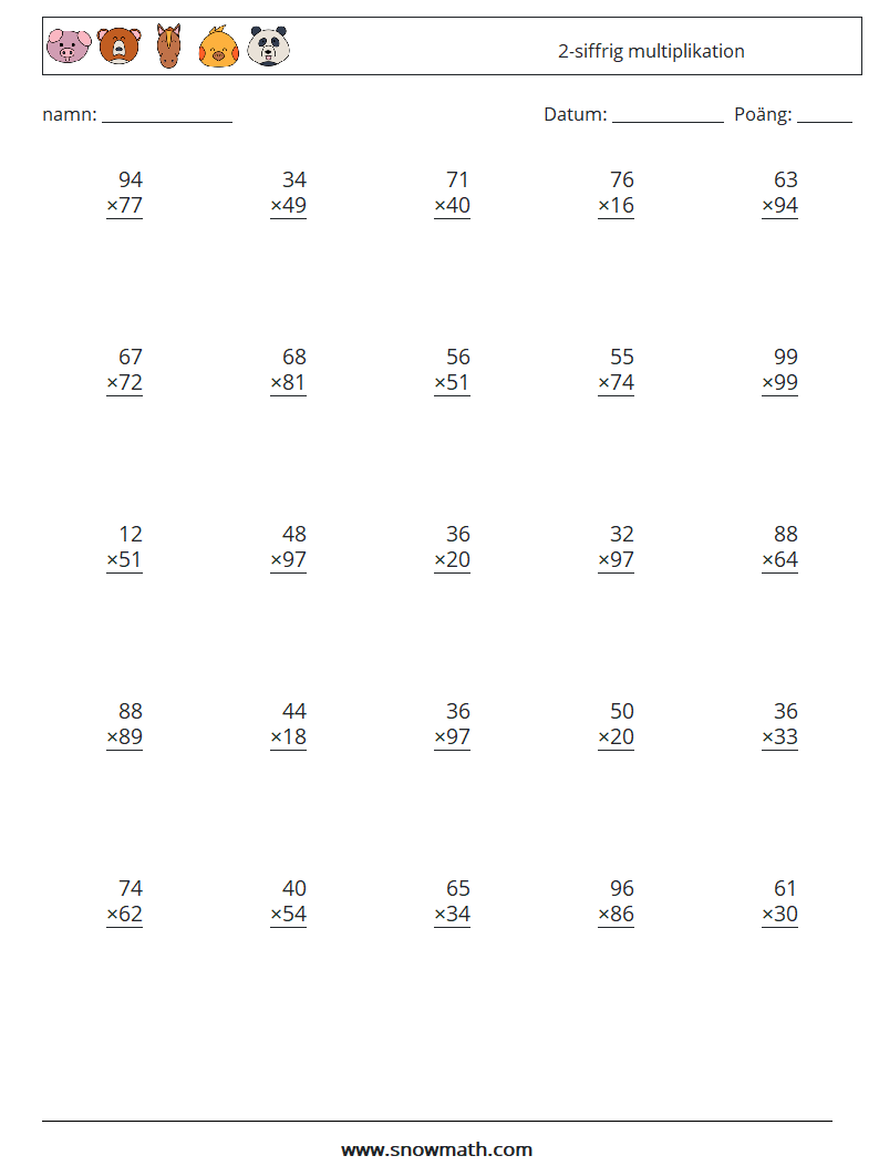 (25) 2-siffrig multiplikation Matematiska arbetsblad 16
