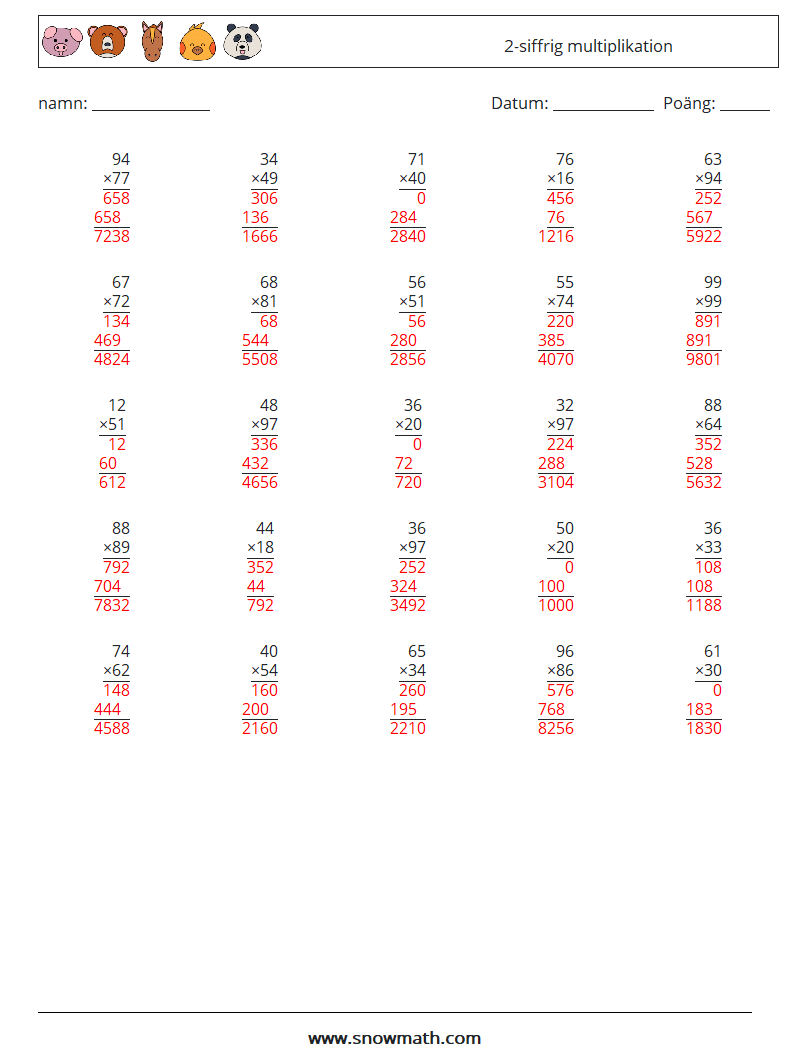 (25) 2-siffrig multiplikation Matematiska arbetsblad 16 Fråga, svar