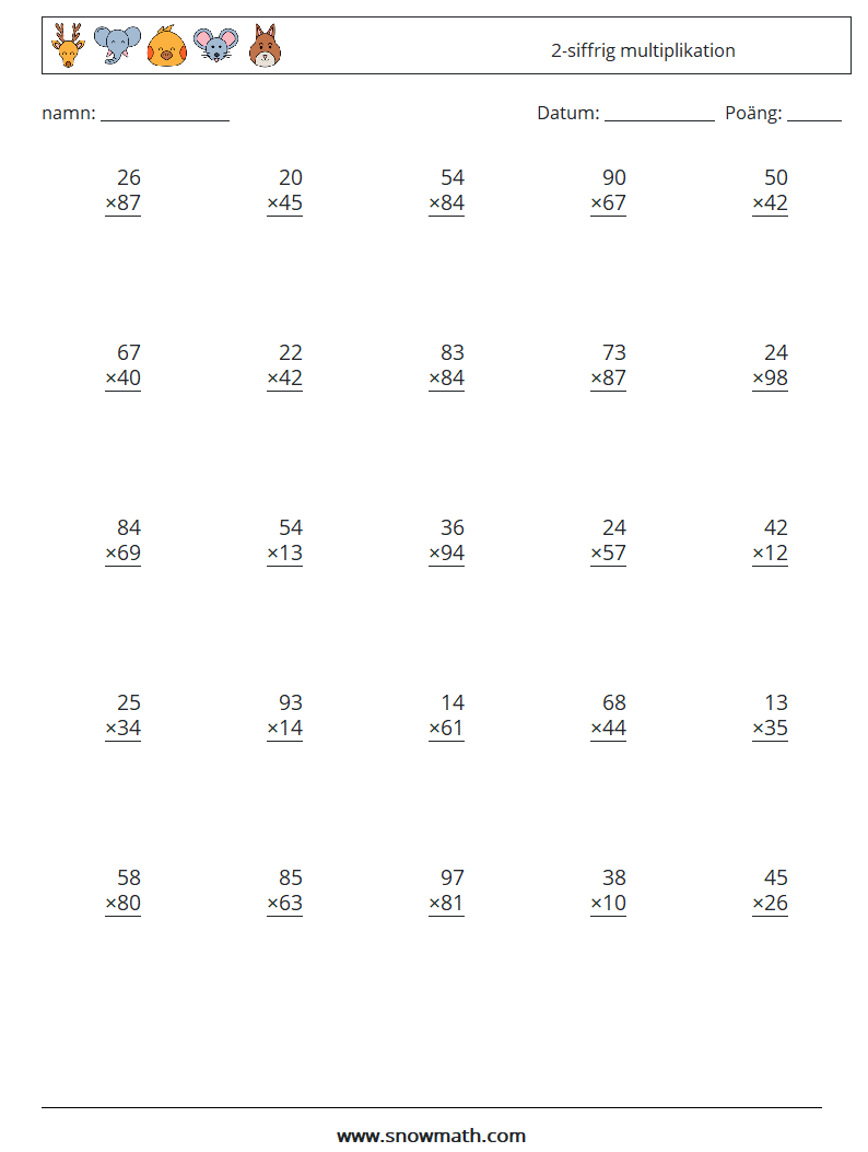 (25) 2-siffrig multiplikation Matematiska arbetsblad 17