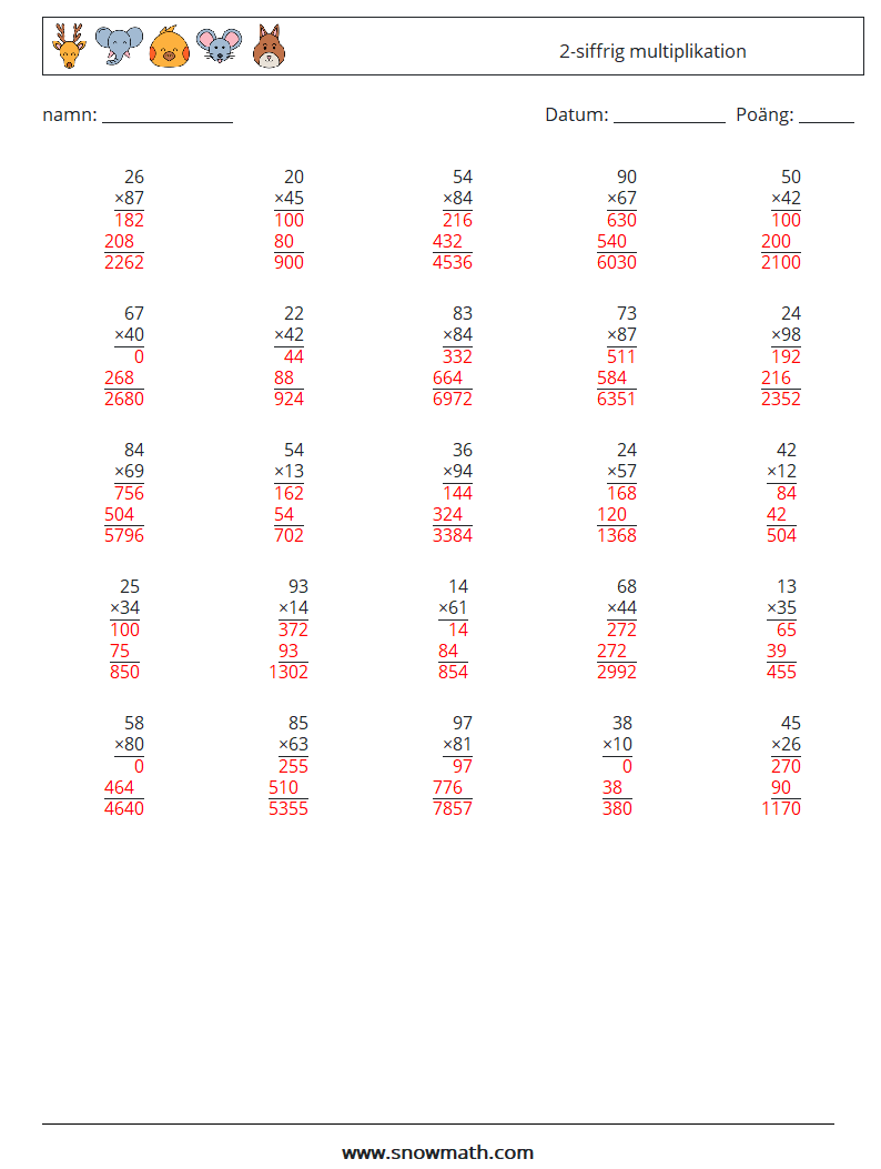 (25) 2-siffrig multiplikation Matematiska arbetsblad 17 Fråga, svar