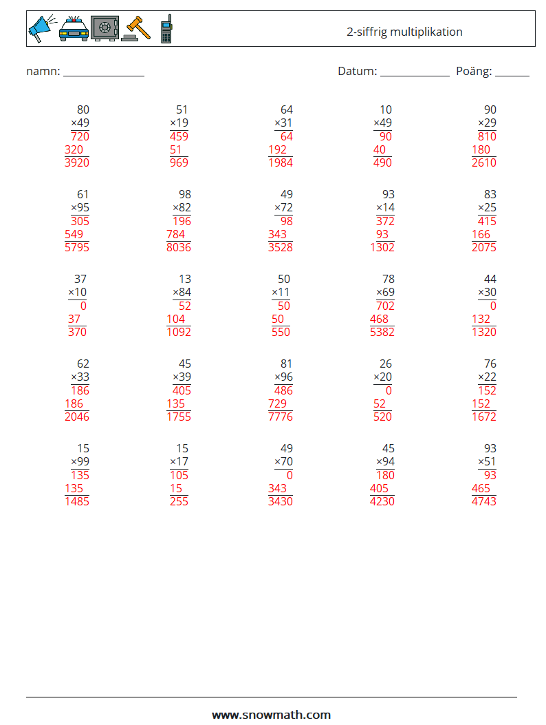 (25) 2-siffrig multiplikation Matematiska arbetsblad 18 Fråga, svar