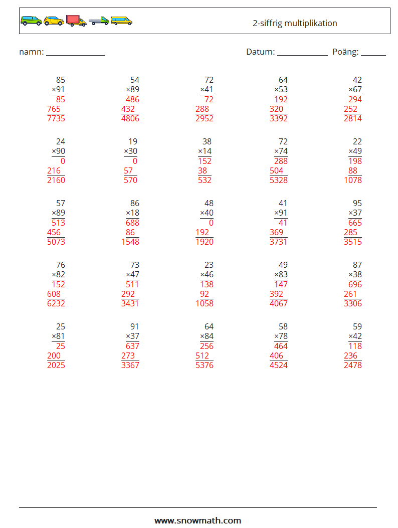 (25) 2-siffrig multiplikation Matematiska arbetsblad 1 Fråga, svar