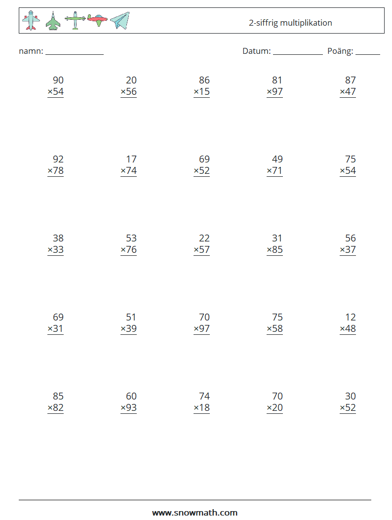(25) 2-siffrig multiplikation Matematiska arbetsblad 3