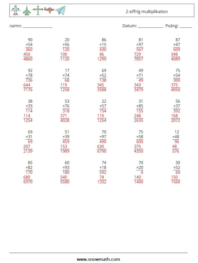 (25) 2-siffrig multiplikation Matematiska arbetsblad 3 Fråga, svar