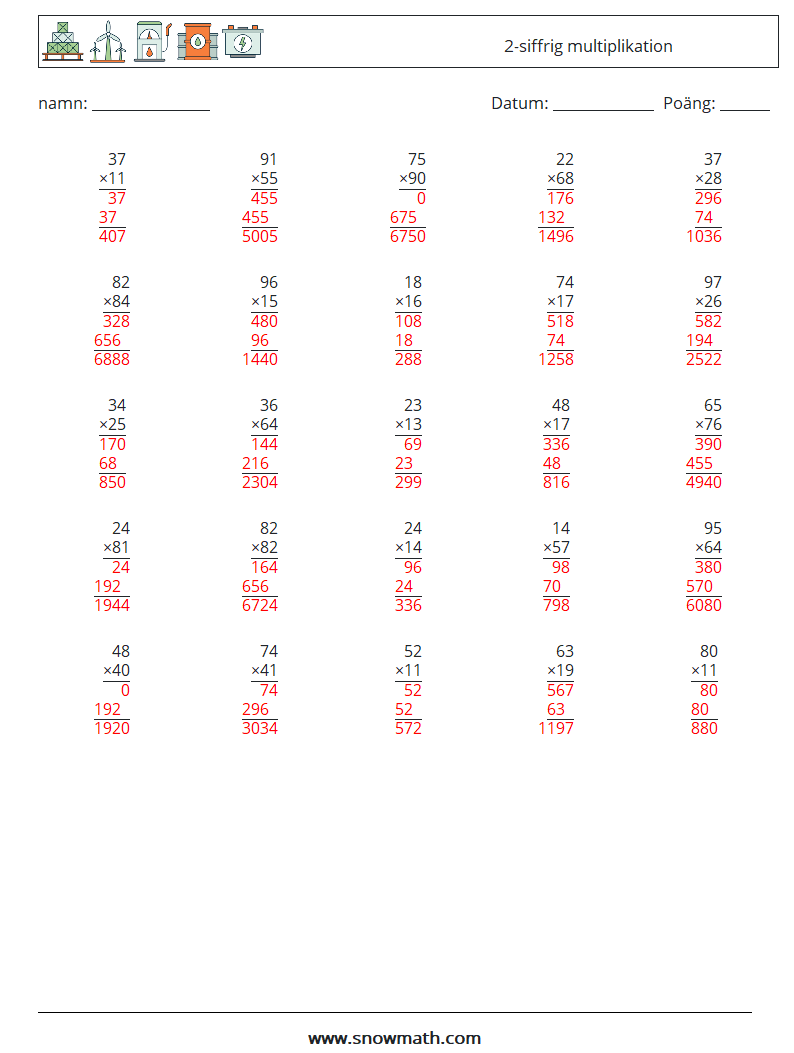 (25) 2-siffrig multiplikation Matematiska arbetsblad 4 Fråga, svar