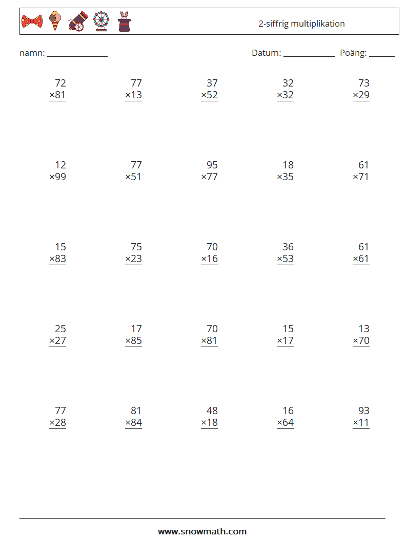 (25) 2-siffrig multiplikation Matematiska arbetsblad 6