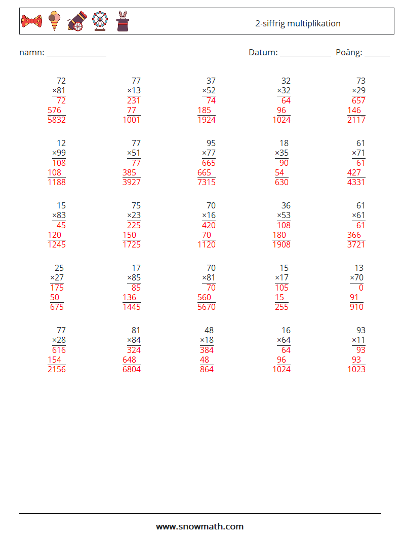 (25) 2-siffrig multiplikation Matematiska arbetsblad 6 Fråga, svar