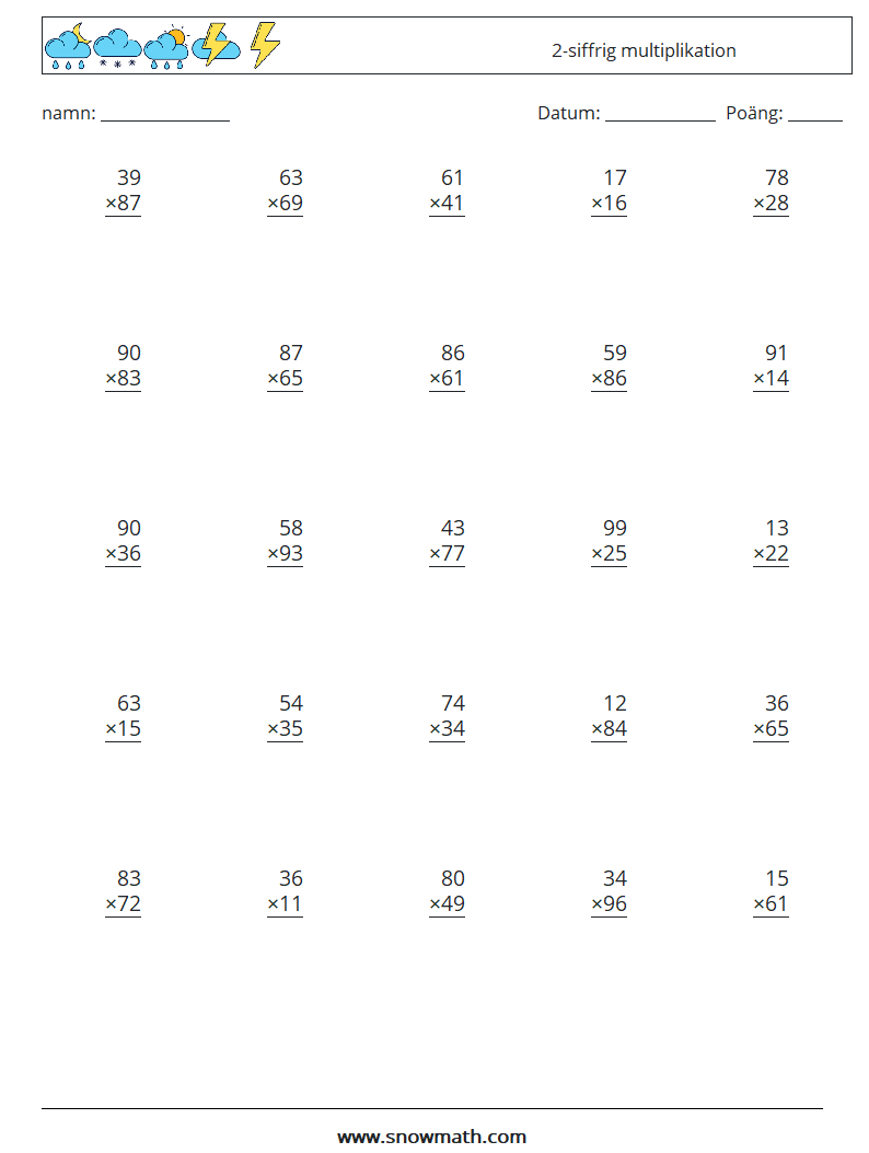 (25) 2-siffrig multiplikation Matematiska arbetsblad 7