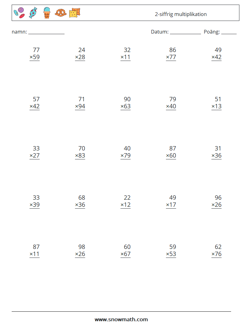 (25) 2-siffrig multiplikation Matematiska arbetsblad 8