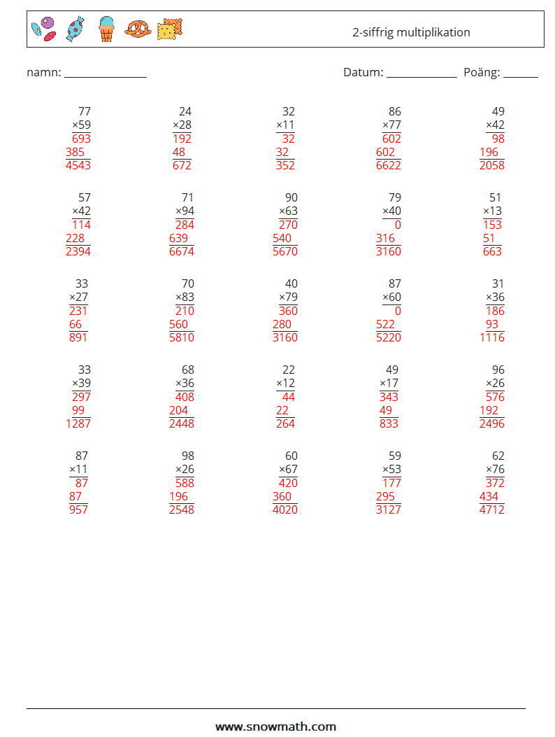 (25) 2-siffrig multiplikation Matematiska arbetsblad 8 Fråga, svar