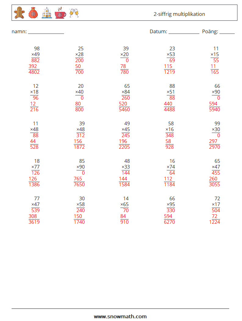 (25) 2-siffrig multiplikation Matematiska arbetsblad 9 Fråga, svar