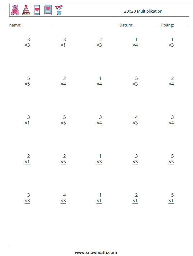 (25) 20x20 Multiplikation Matematiska arbetsblad 10