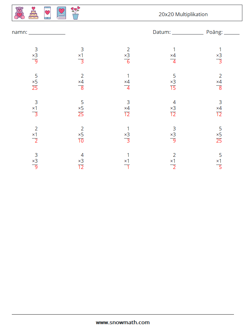 (25) 20x20 Multiplikation Matematiska arbetsblad 10 Fråga, svar