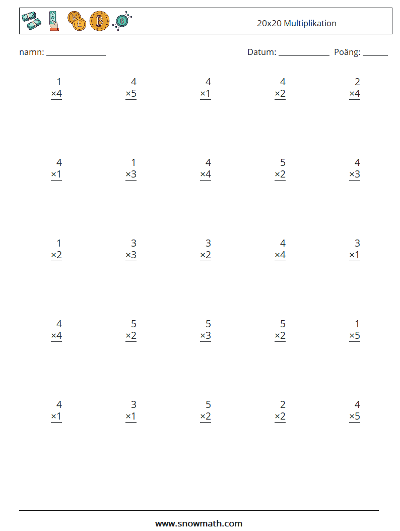 (25) 20x20 Multiplikation Matematiska arbetsblad 11