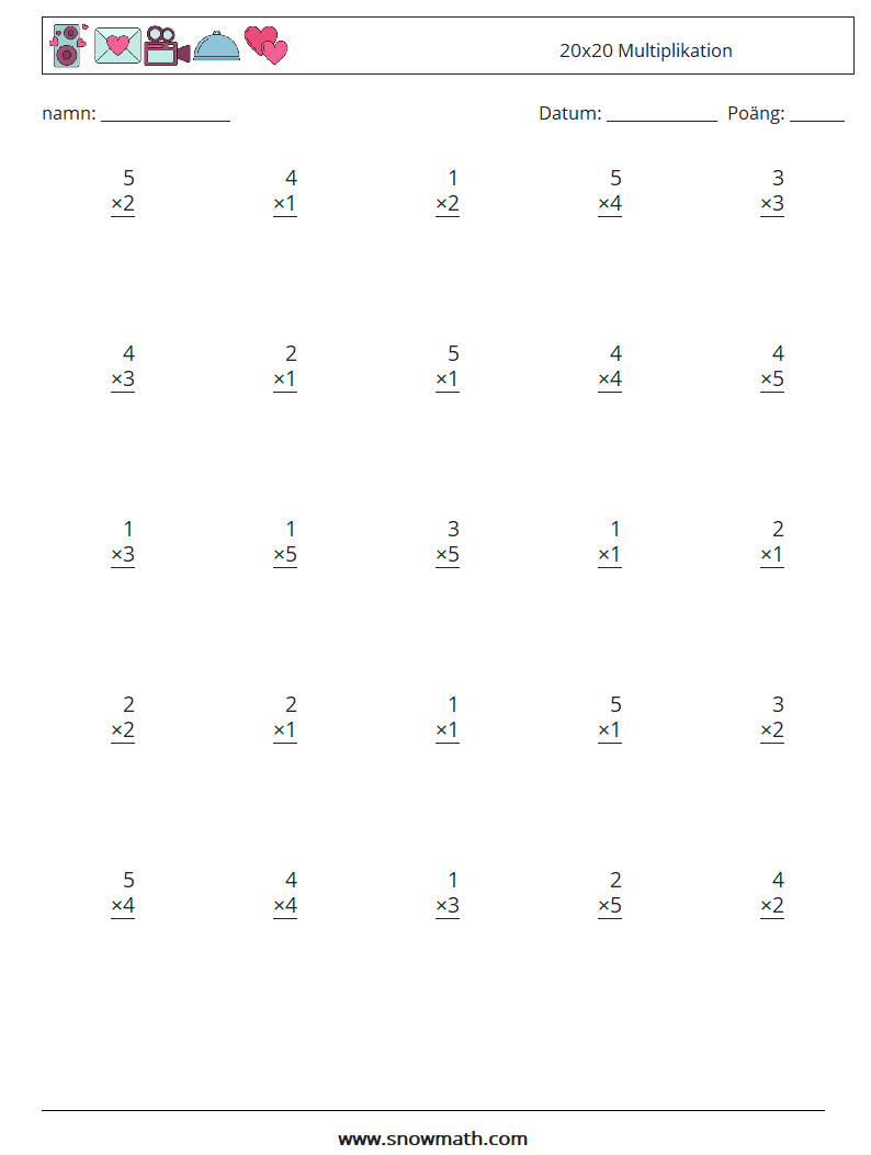 (25) 20x20 Multiplikation Matematiska arbetsblad 12