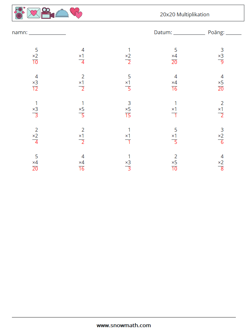 (25) 20x20 Multiplikation Matematiska arbetsblad 12 Fråga, svar