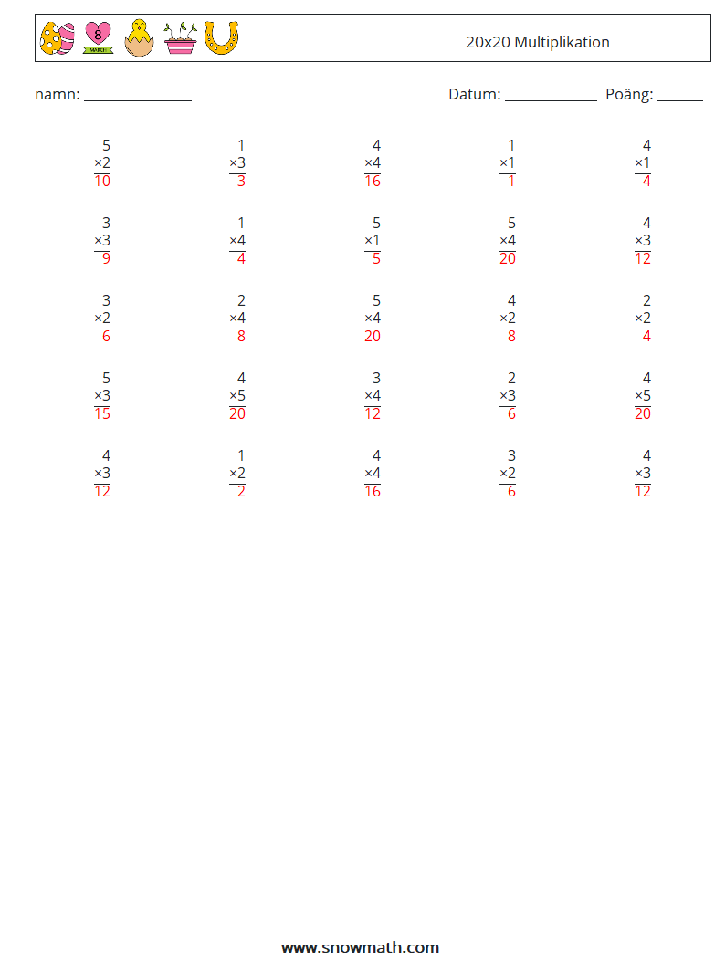 (25) 20x20 Multiplikation Matematiska arbetsblad 13 Fråga, svar