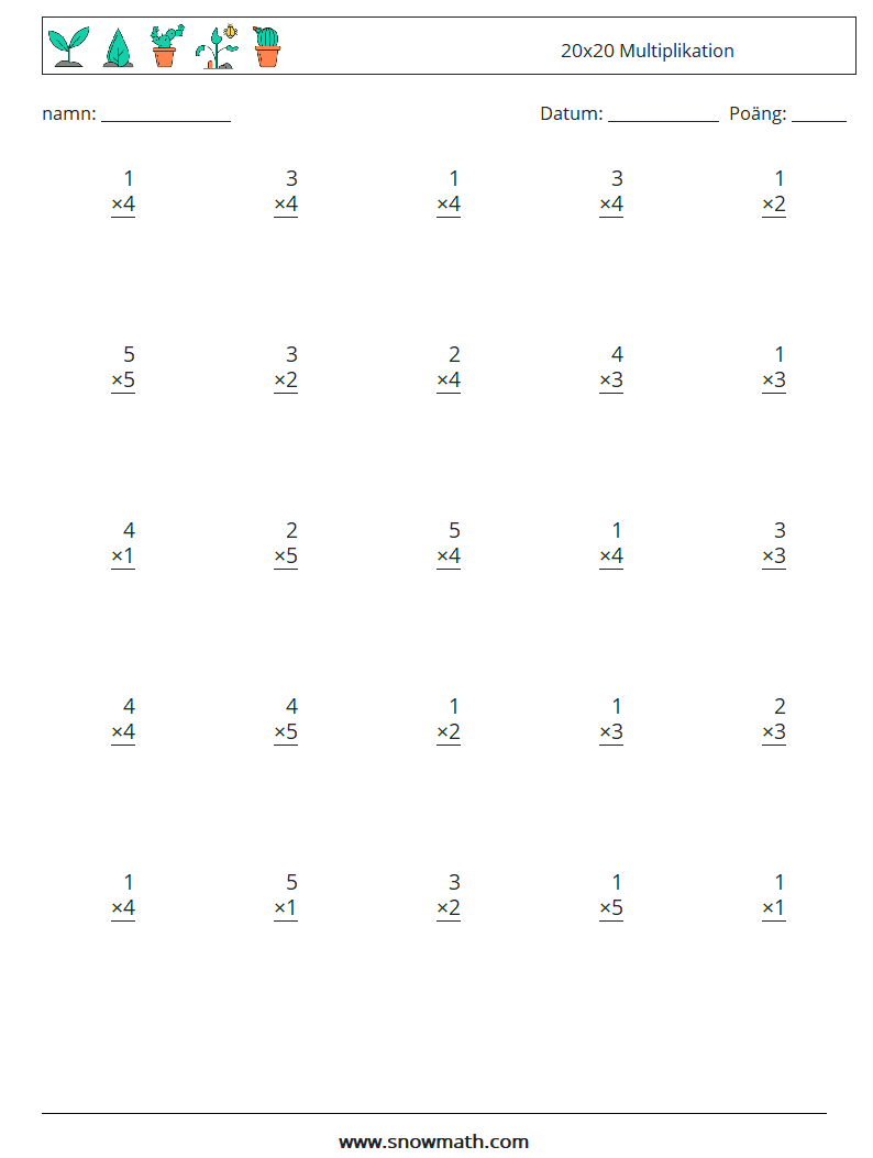 (25) 20x20 Multiplikation Matematiska arbetsblad 14