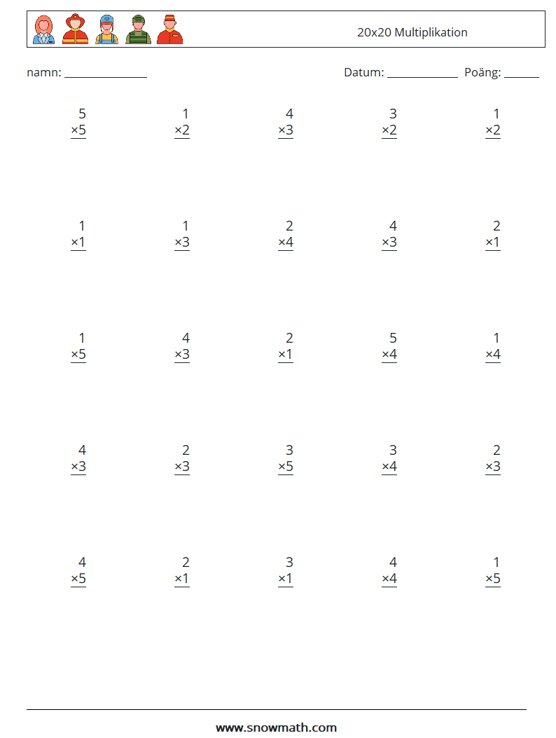 (25) 20x20 Multiplikation Matematiska arbetsblad 16